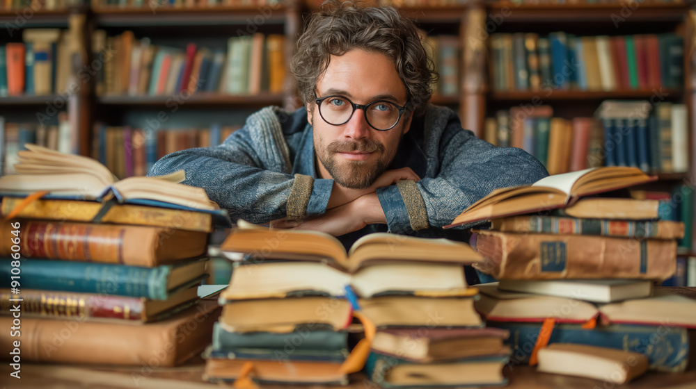 Man with glasses and curly hair surrounded by stacks of books in a library. His relaxed posture and thoughtful expression convey a love for reading and knowledge. Man with glasses and curly hair surrounded by stacks of books in a library. His relaxed posture and thoughtful expression convey a love for reading and knowledge.