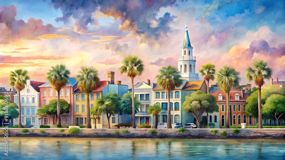 Obraz premium Charleston's Iconic Skyline Captured in Vibrant Watercolor generative AI