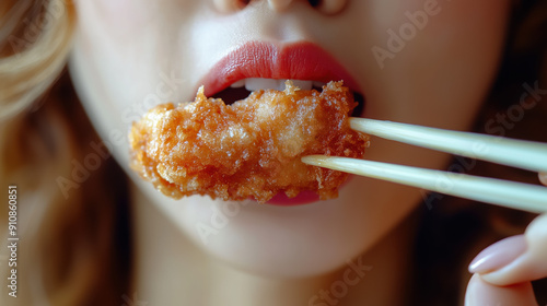 Close-Up of Woman Biting into Crispy Tonkatsu photo