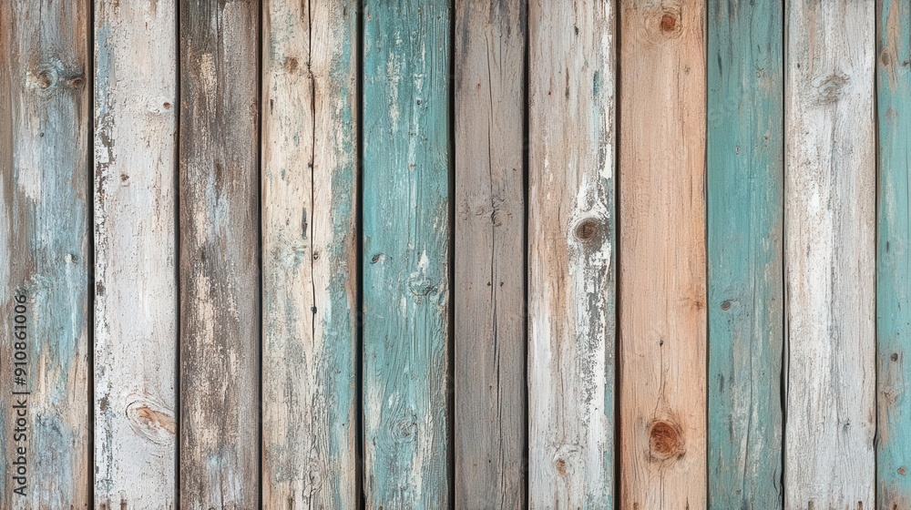 Weathered wood planks with a distressed paint finish Weathered wood planks with a distressed paint finish