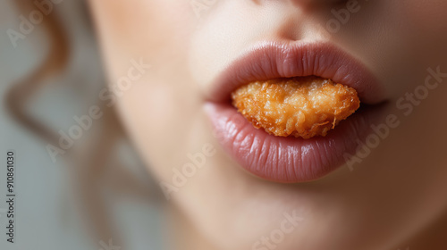 Detailed Close-Up of Woman Eating Tonkatsu Japanese Cuisine with Crispy Coating photo