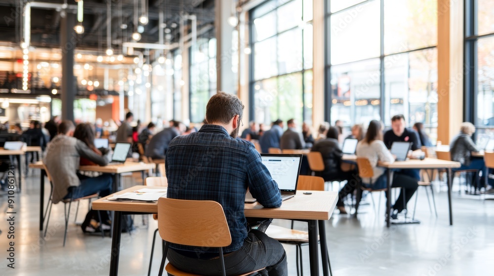A busy cafe with people working on laptops, creating a vibrant atmosphere for productivity and collaboration. A busy cafe with people working on laptops, creating a vibrant atmosphere for productivity and collaboration.