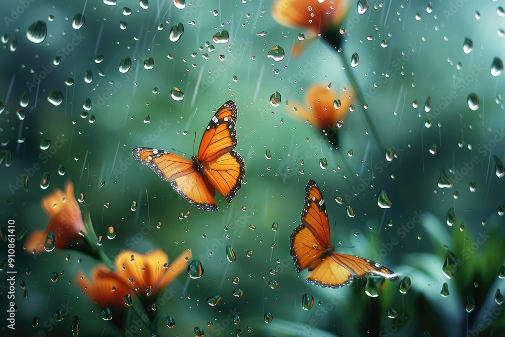 Spring rain hitting window frames, butterflies dancing gracefully. Generative AI. Spring rain hitting window frames, butterflies dancing gracefully. Generative AI.