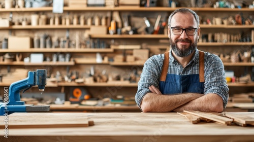 A cheerful carpenter stands proudly in his workshop, showcasing his tools and wooden creations in a warm, inviting atmosphere.