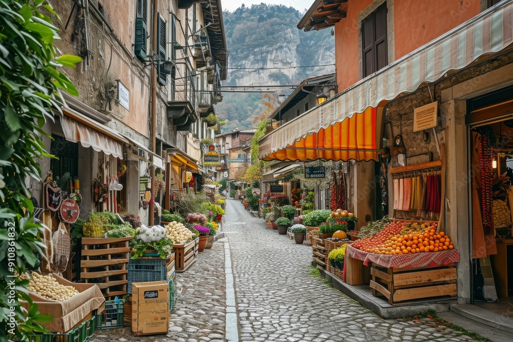 Fototapeta premium A cobblestone street filled with vendors selling a variety of fresh fruit and vegetables, Valentineâ€™s day street market in a picturesque Italian town, AI Generated