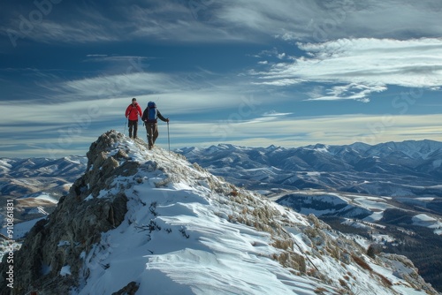 Adventurous Couple Standing on Top of Snow-Covered Mountain, Valor and friendship showcased as a hiker helps another approach the summit, AI Generated