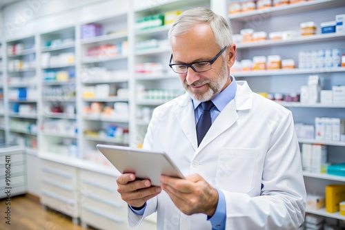 Pharmacist with tablet computer taking inventory in pharmacy