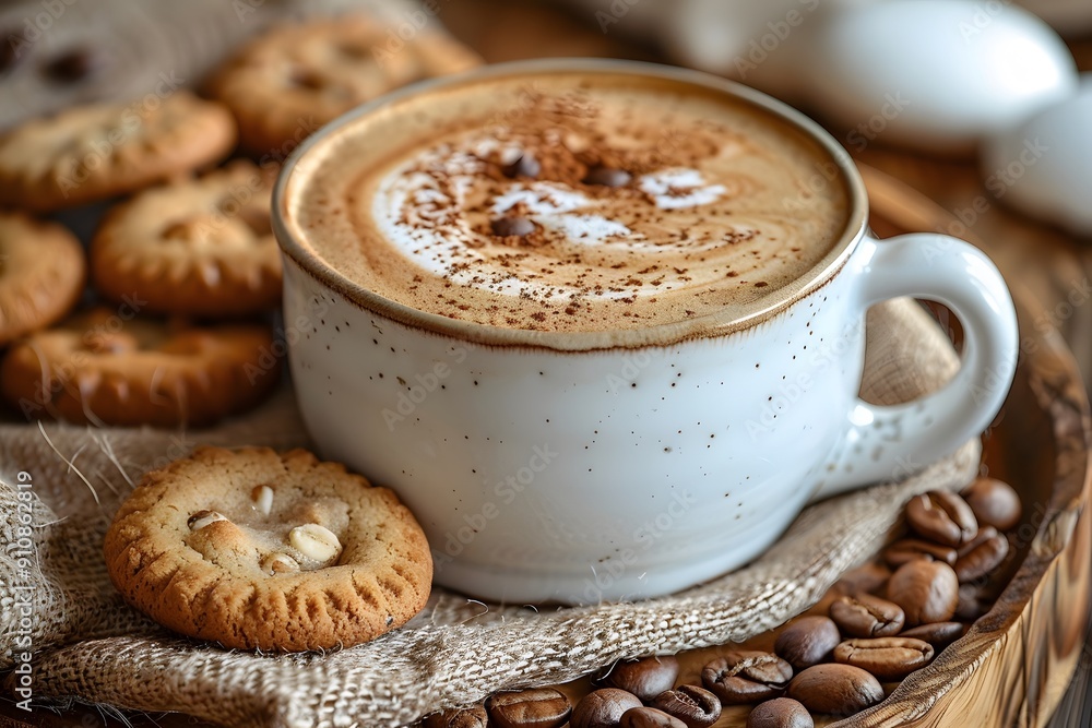 Delicious Cappuccino with Freshly Baked Cookies and Coffee Beans for a Cozy Coffee Break Delicious Cappuccino with Freshly Baked Cookies and Coffee Beans for a Cozy Coffee Break
