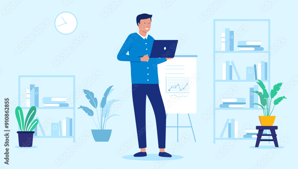 Man with laptop smiling - Business person standing indoors in office holding laptop in hands, smiling and working alone. Flat design vector illustration with blue background