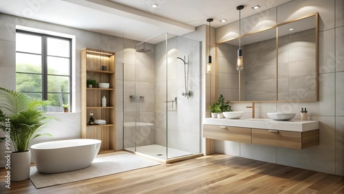 Serene Minimalist Bathroom with a Walk-in Shower and Large Mirror  AI generated