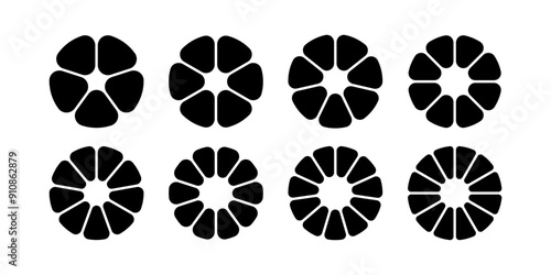 Circle division infographic icon set. Pie chart divided 8,9,10 equal parts. Pizza or flower round diagram. Infographic wheel segment and fraction. Vector illustration isolated on white background.