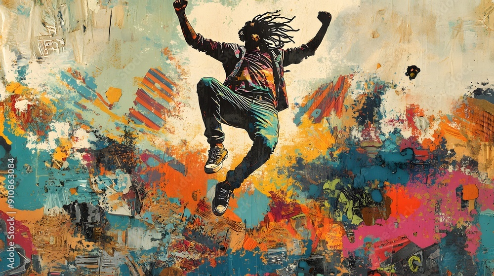 Obraz premium Collage artwork featuring a funky man jumping up with a raised fist, on an intricately drawn creative background