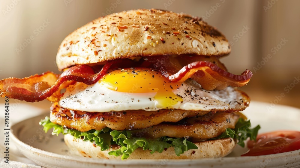 Delicious Breakfast Sandwich with Egg and Bacon with Pastel blurred Background Delicious Breakfast Sandwich with Egg and Bacon with Pastel blurred Background