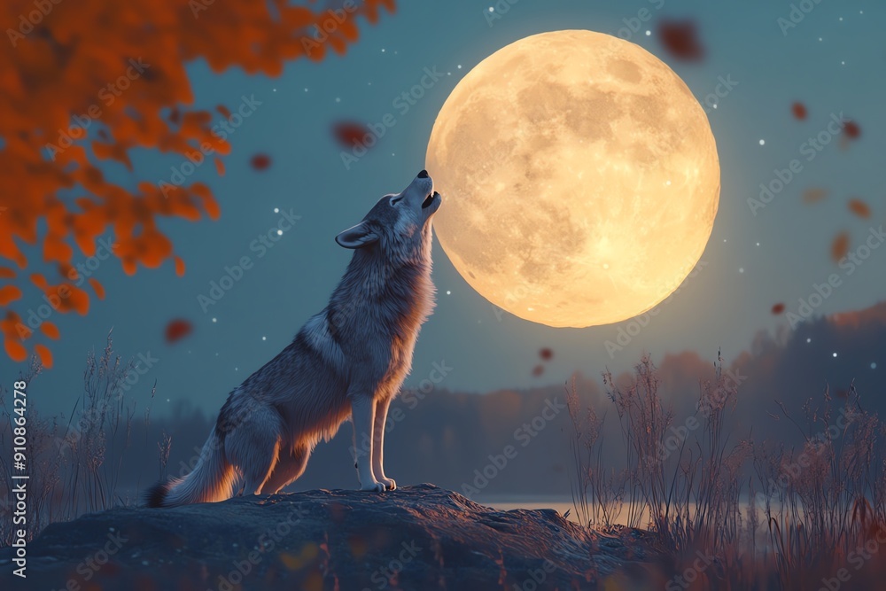 Wolf howling at the full moon in a night forest Wolf howling at the full moon in a night forest