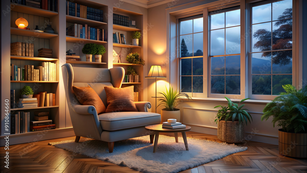 Reading chair next to window evening view table lamp light book rack indoor plants with a nice view from window Reading chair next to window evening view table lamp light book rack indoor plants with a nice view from window