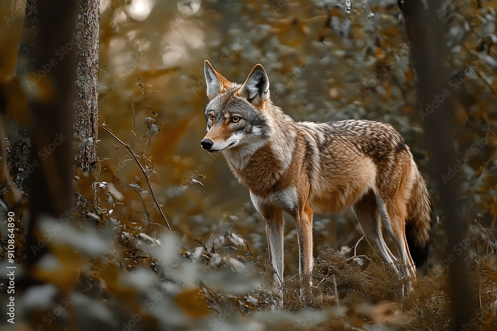 A coyote standing in a forest, looking to the side. A coyote standing in a forest, looking to the side.