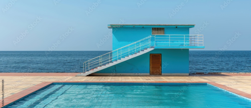 Fototapeta premium Bright blue lifeguard tower by the calm sea, overlooking an empty outdoor swimming pool on a clear sunny day.