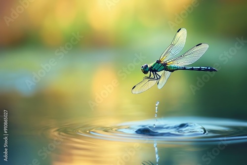 A dragonfly perches on a water droplet, its wings creating ripples on the surface. photo