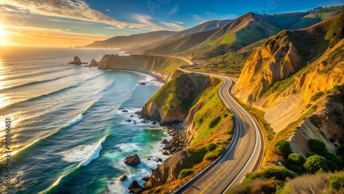 Sun-Drenched Highway: A Serene Road Trip Through California's Coastal Highway 1  AI Generated photo