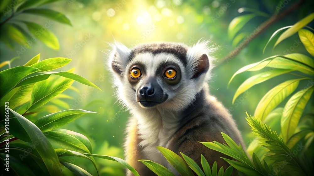 A Solitary Lemur Basking in the Soft Light of the Rainforest Canopy AI generated A Solitary Lemur Basking in the Soft Light of the Rainforest Canopy AI generated