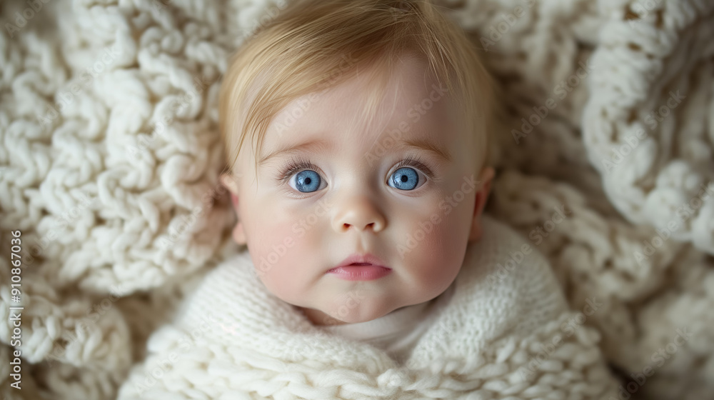 Adorable baby wrapped in a cozy white blanket with big blue eyes staring at the camera. The soft textures and innocent expression emphasize the baby's cuteness and warmth. Adorable baby wrapped in a cozy white blanket with big blue eyes staring at the camera. The soft textures and innocent expression emphasize the baby's cuteness and warmth.