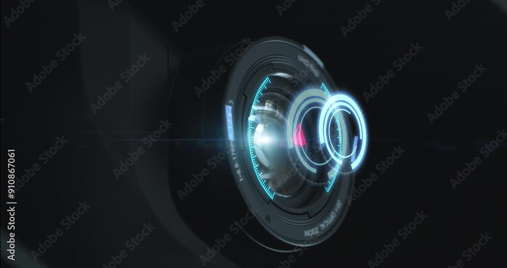 Close-up lens of surveillance camera scans surroundings with digital hud elements animation