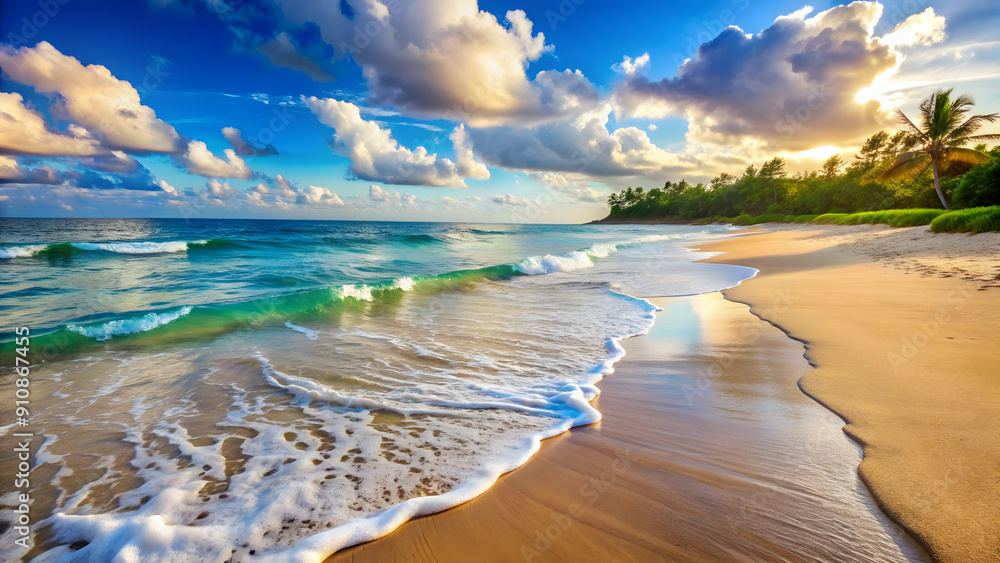 Obraz premium Amazing nature beach with palm trees and moody sky. Summer vacation travel holiday background. Luxury travel summer holiday tourism. Sunny coast fantastic Scene