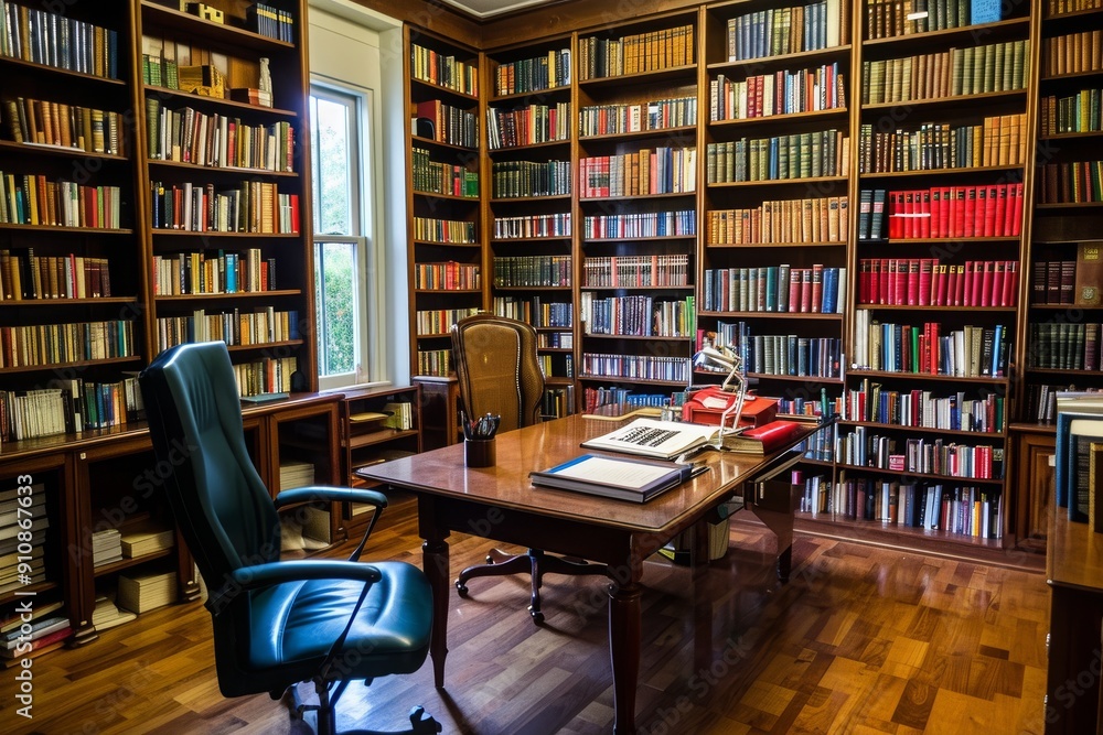 This photo showcases a library featuring a desk, chair, and bookshelves, providing a functional and organized study space, Wall-to-wall bookshelves in a business office, AI Generated This photo showcases a library featuring a desk, chair, and bookshelves, providing a functional and organized study space, Wall-to-wall bookshelves in a business office, AI Generated
