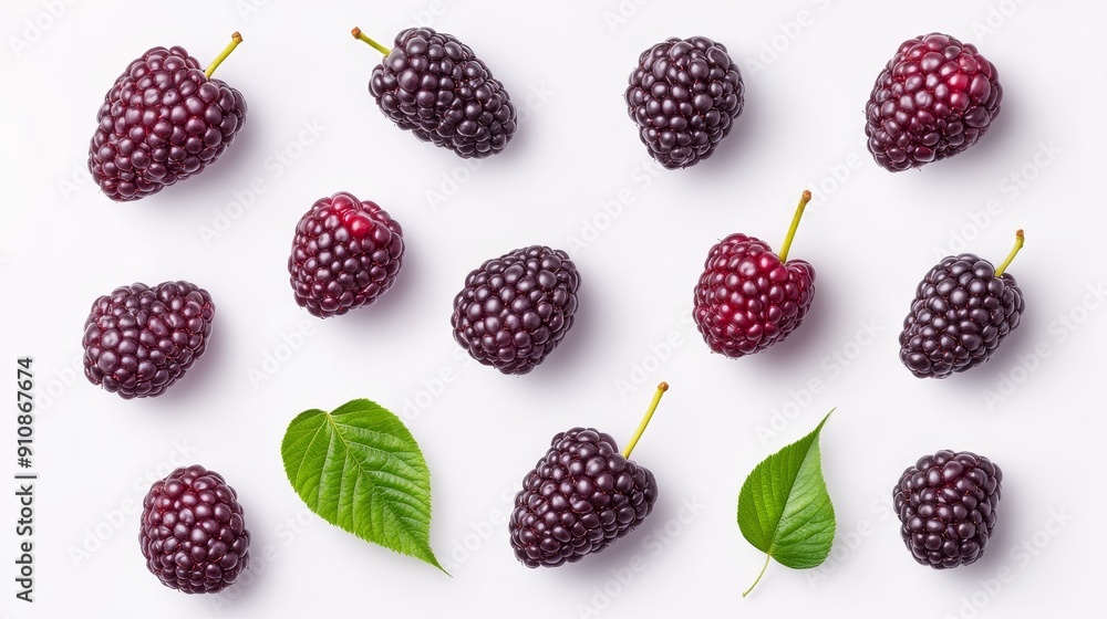 Vibrant set of mulberry fruits with different ripeness stages, rich purples and reds, lush green leaves, detailed textures in bright daylight Vibrant set of mulberry fruits with different ripeness stages, rich purples and reds, lush green leaves, detailed textures in bright daylight