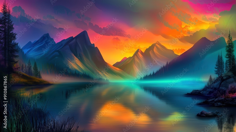A vibrant landscape featuring towering mountains and a serene lake, illuminated by a stunning sunset with colorful skies. A vibrant landscape featuring towering mountains and a serene lake, illuminated by a stunning sunset with colorful skies.