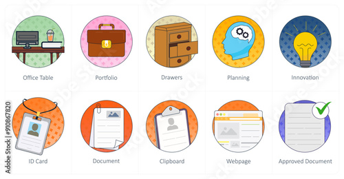 A set of 10 Mix icons as office table, portfolio, drawers