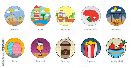 A set of 10 Mix icons as nature, beach, breakfast