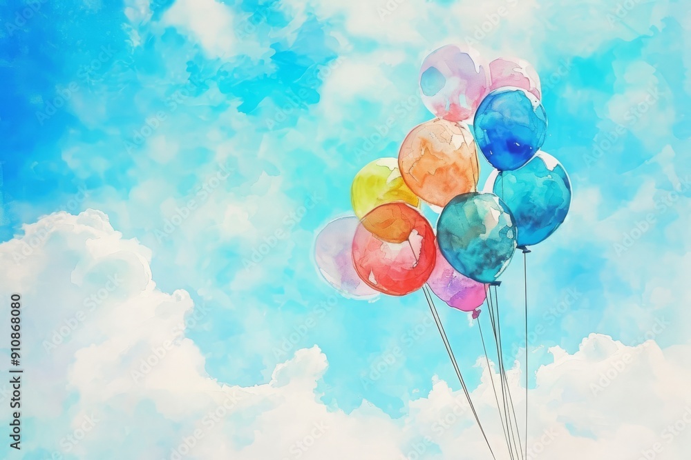 A vibrant bunch of balloons gracefully floating in the air, creating a lively and festive atmosphere, Watercolor painted birthday balloons against a dreamy sky, AI Generated A vibrant bunch of balloons gracefully floating in the air, creating a lively and festive atmosphere, Watercolor painted birthday balloons against a dreamy sky, AI Generated
