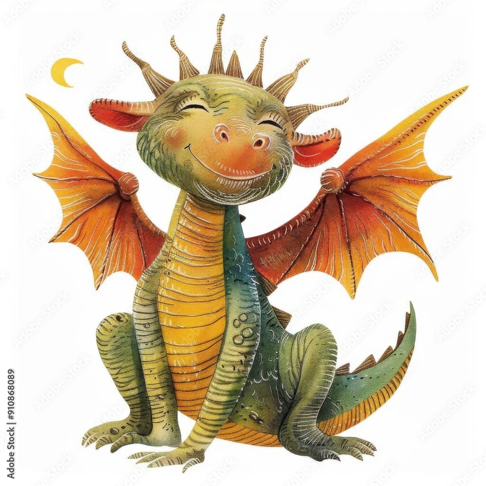 Obraz premium Smiling Friendly Dragon with Detailed Scales and Orange Wings