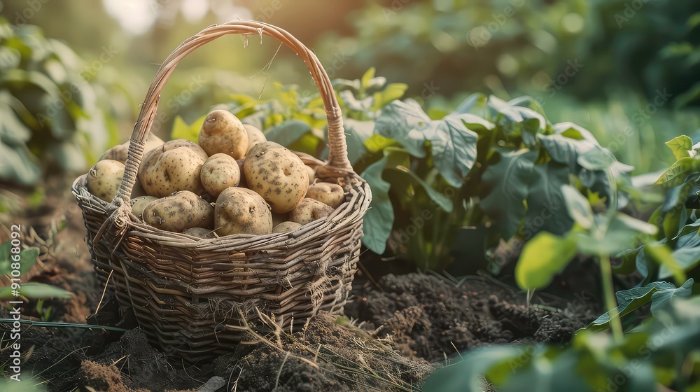 A wicker basket overflowing with fresh, earthy potatoes sits on the ground amongst lush green foliage. A wicker basket overflowing with fresh, earthy potatoes sits on the ground amongst lush green foliage.