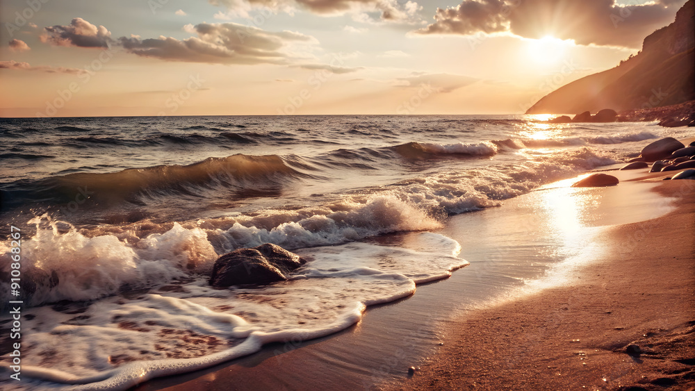 custom made wallpaper toronto digitalsunset on the beach, sun rays come through clouds, creamy Sea waves, sea waves hitting the rocks.