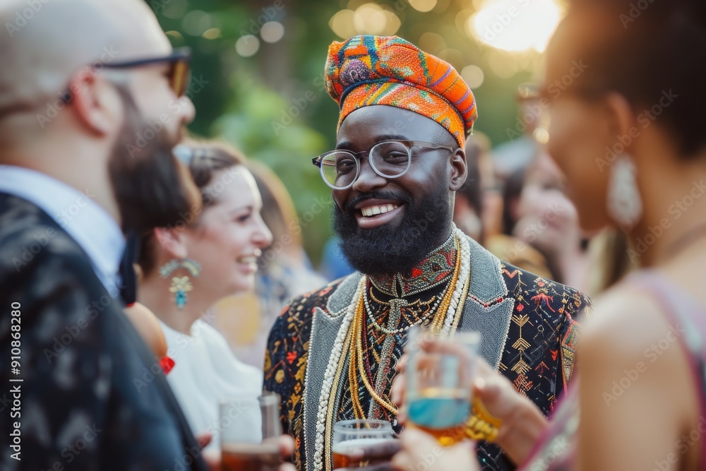 A man wearing a turban and glasses smiles warmly as he interacts with a diverse group of individuals, Wedding guests from diverse cultures enjoying at the reception, AI Generated A man wearing a turban and glasses smiles warmly as he interacts with a diverse group of individuals, Wedding guests from diverse cultures enjoying at the reception, AI Generated