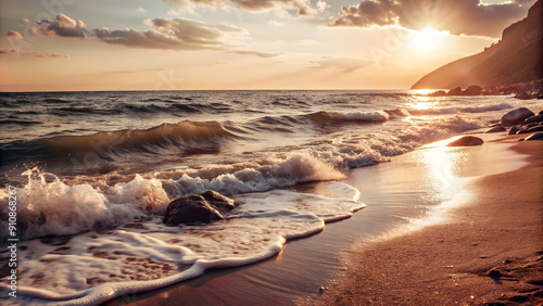 Wallpaper Mural sunset on the beach, sun rays come through clouds, creamy Sea waves, sea waves hitting the rocks.  Torontodigital.ca