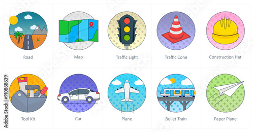 A set of 10 Mix icons as road, map, traffic light