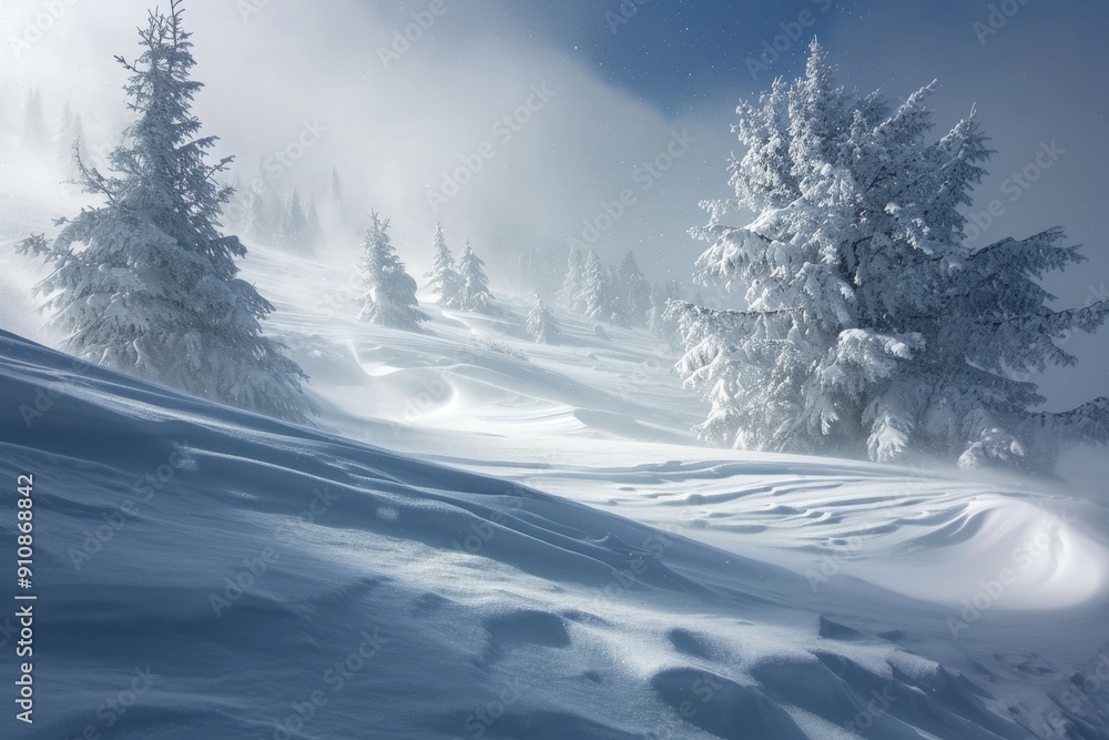 A photo showcasing a snow covered mountain surrounded by a dense forest of trees, Whirling snow in a tranquil blizzard, AI Generated A photo showcasing a snow covered mountain surrounded by a dense forest of trees, Whirling snow in a tranquil blizzard, AI Generated