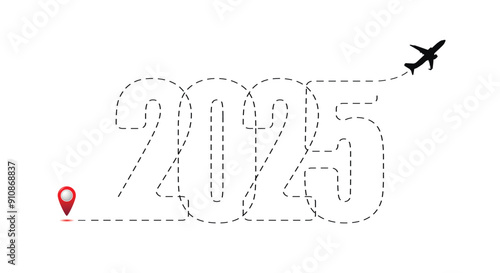 Merry Christmas and Happy New Year concept, destination with 2025 itinerary. New Year s trip logo.