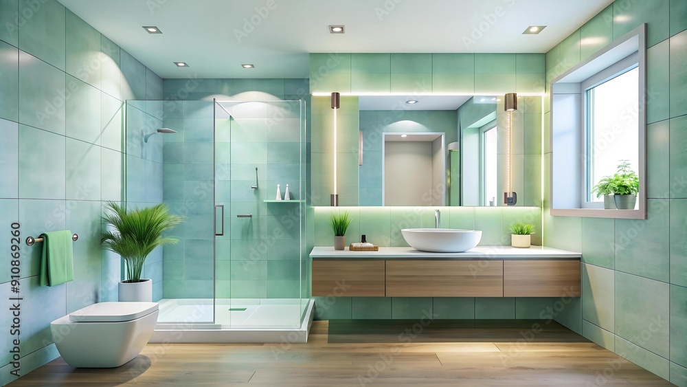 Tranquil Oasis: Minimalist Bathroom with a Walk-in Shower and a Serene Color Palette AI generated Tranquil Oasis: Minimalist Bathroom with a Walk-in Shower and a Serene Color Palette AI generated