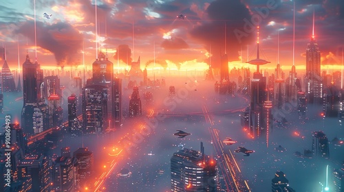 A futuristic city skyline with glowing neon signs, flying cars, and a grid-pattern road leading to the horizon. Aerial high view. Generative AI.