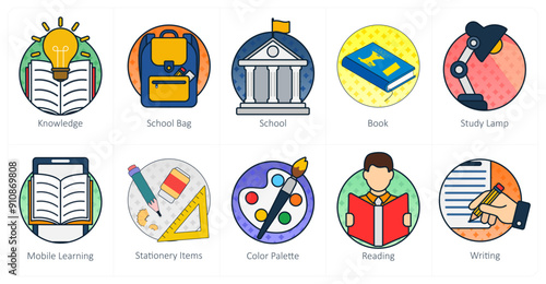 A set of 10 Mix icons as knowledge, school bag, school