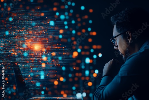 A focused individual analyzes data on a laptop, with vibrant abstract visuals representing technology and information flow.