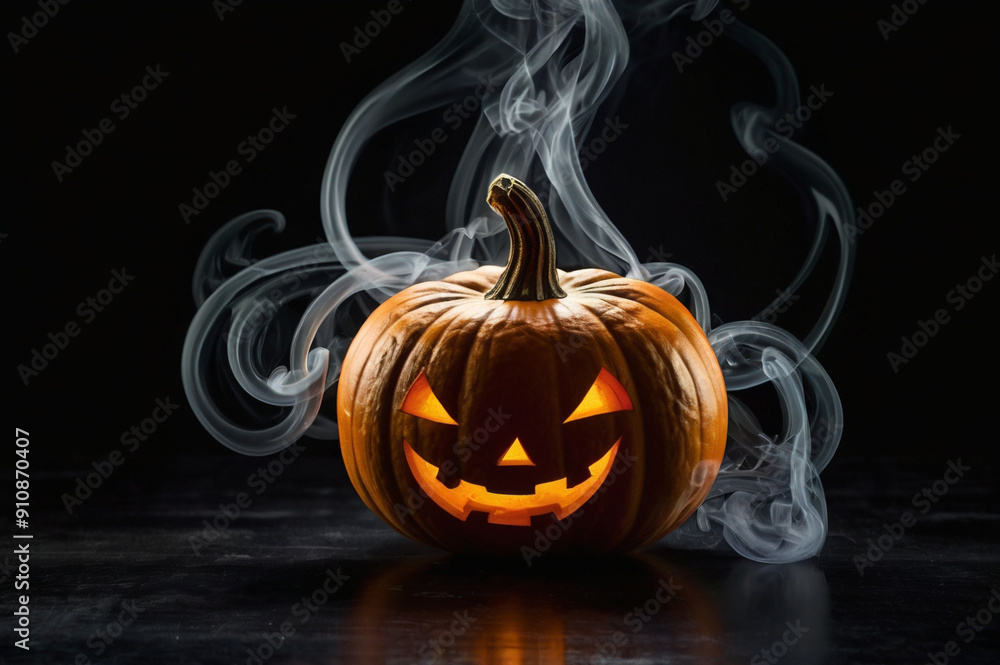 Halloween Pumpkin with Dramatic Smoke on Black Background Halloween Pumpkin with Dramatic Smoke on Black Background