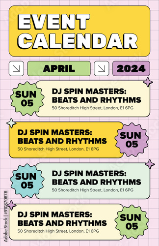 Poster with event schedule  in bright colors, brutalism, modern, yellow, blue, green, prominent eye-catching title 