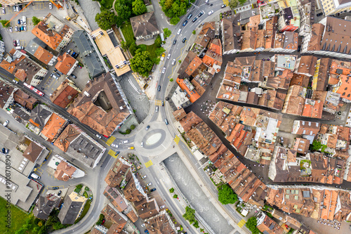 Obraz na płótnie Chur, Switzerland: Aerial overhead drone view of Chur old town in Canton Graubunden in the alps in Switzerland w salonie