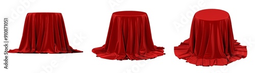 Canvastavla red silk tablecloth cover on round pedestal isolated