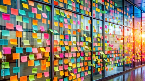 A Kaleidoscope of Ideas: Colorful Sticky Notes on a Glass Wall  generative AI photo